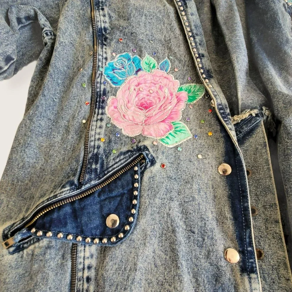 Vintage Embroidered Long Denim Jacket Blazer Zip Accent Woman's Size XL LH8009 - Picture 13 of 14